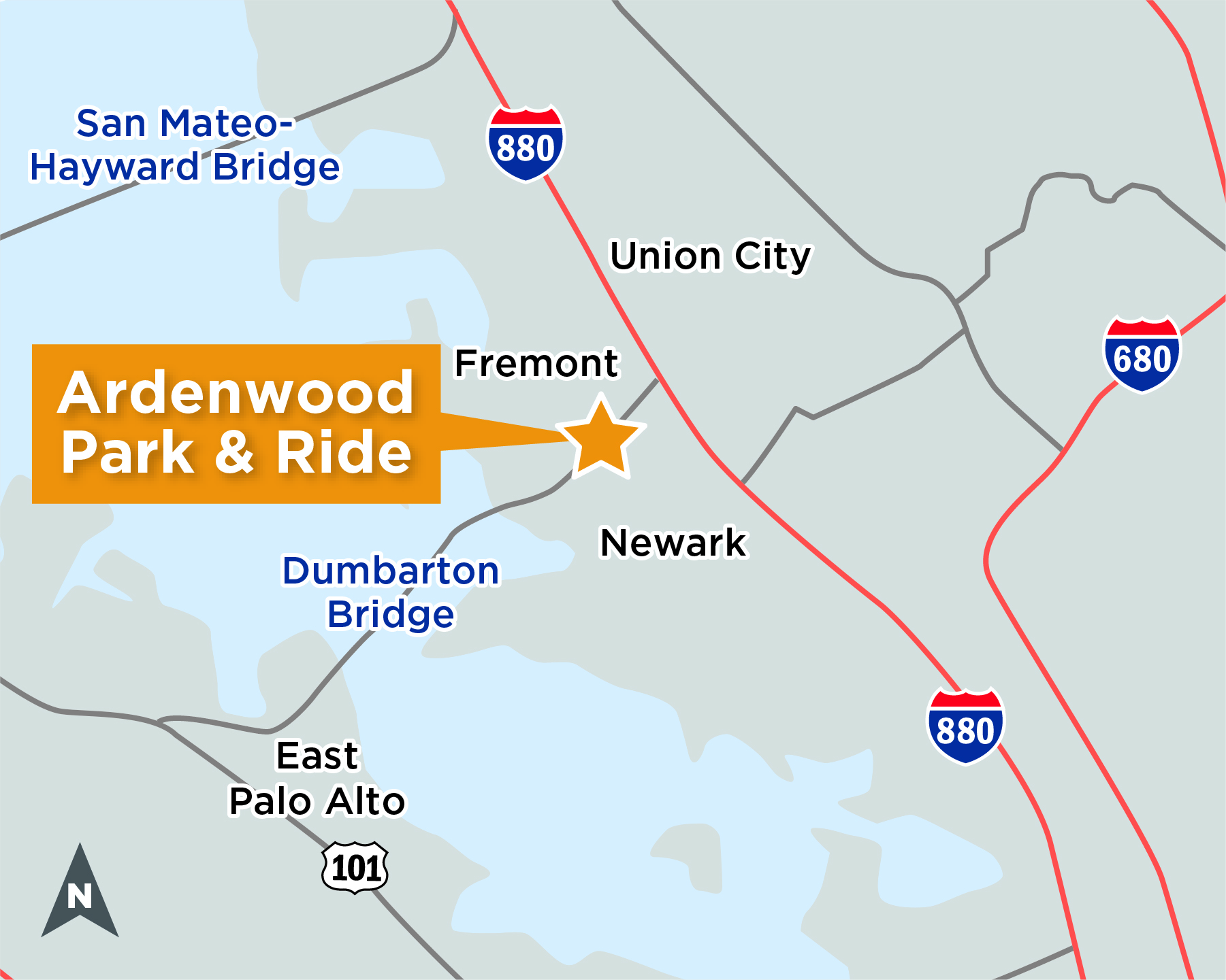 This is a map that shows the project area in relation to the broader areas of The San Mateo Bridge, Union City, Fremont, Newark, and East Palo Alto. The project area is shown with a star symbol on the eastern part of the Dumbarton Bridge. 